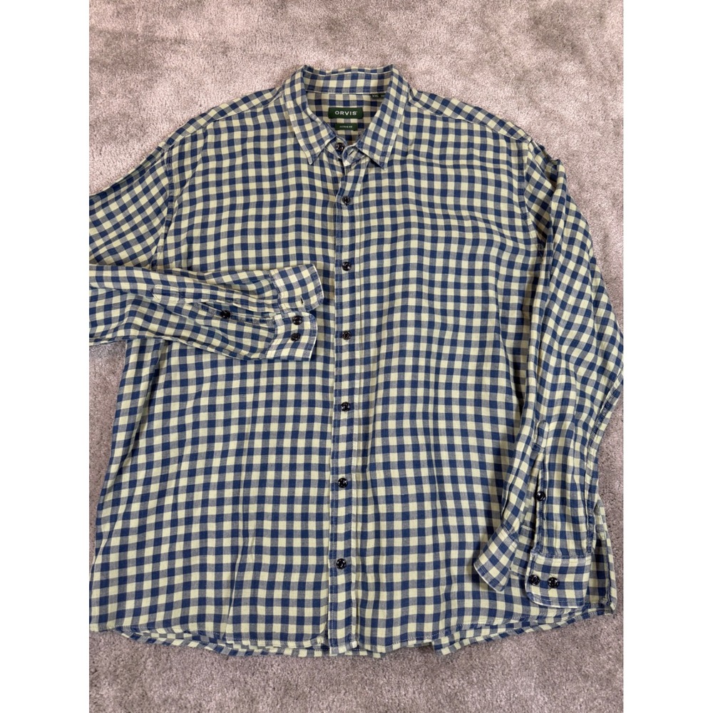 Orvis Mens XXL Active Fit Gingham Button Down Shirt Linen Tencel Blue Green